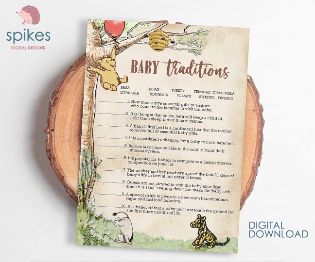 Classic Winnie The Pooh Baby Shower Games - Baby Traditions Around The World - Instant Download