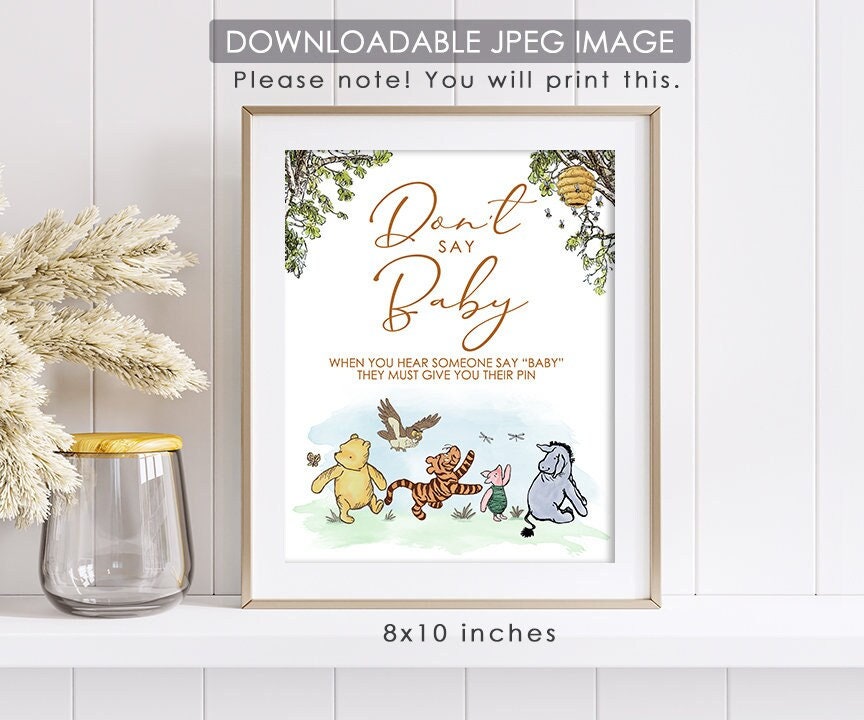 Don't Say Baby Clothespin Game Sign - Downloadable Classic Winnie the Pooh Baby Shower Sign - spikes.digitalshop