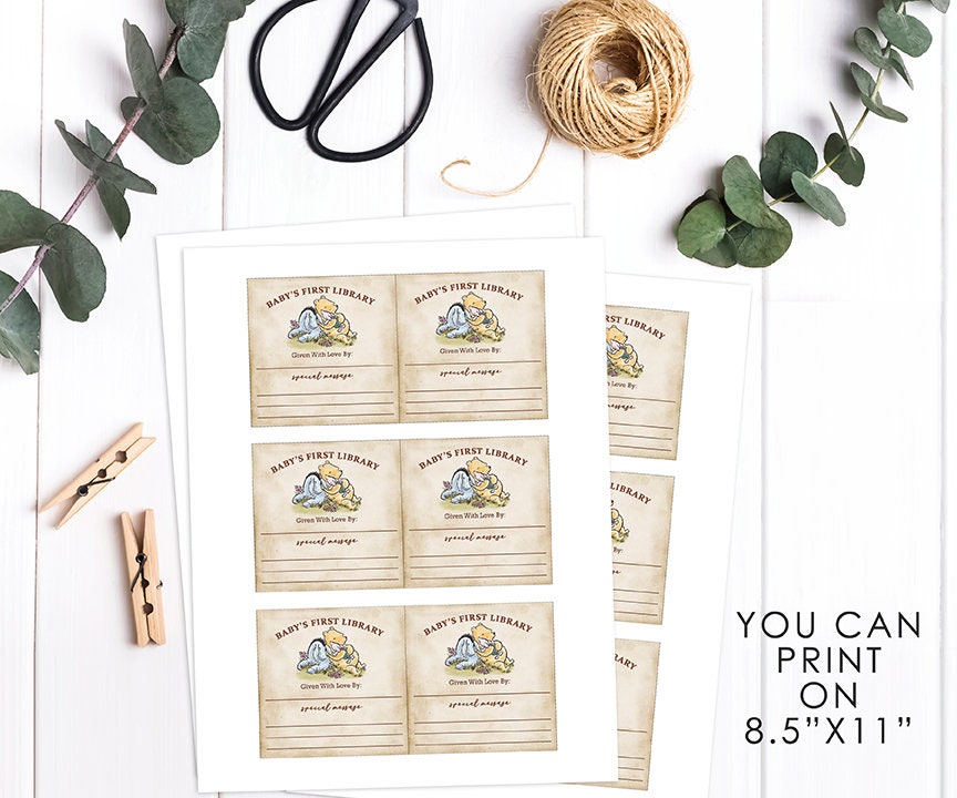 3"x3" Bookplate Label Tag / Baby First Library / Book for Baby / Classic Winnie The Pooh / Birthday Baby Shower / Instant Download