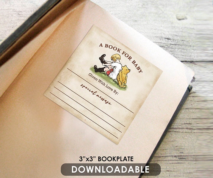 3"x3" Bookplate Label Tag / Baby First Library / Book for Baby / Classic Winnie The Pooh / Birthday Baby Shower / Instant Download