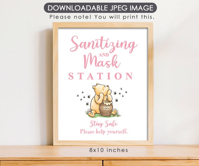 Safety First Wear Mask Table Sign - Classic Winnie The Pooh Party Poster Decoration - for Baby Shower or Birthday Party - spikes.digitalshop