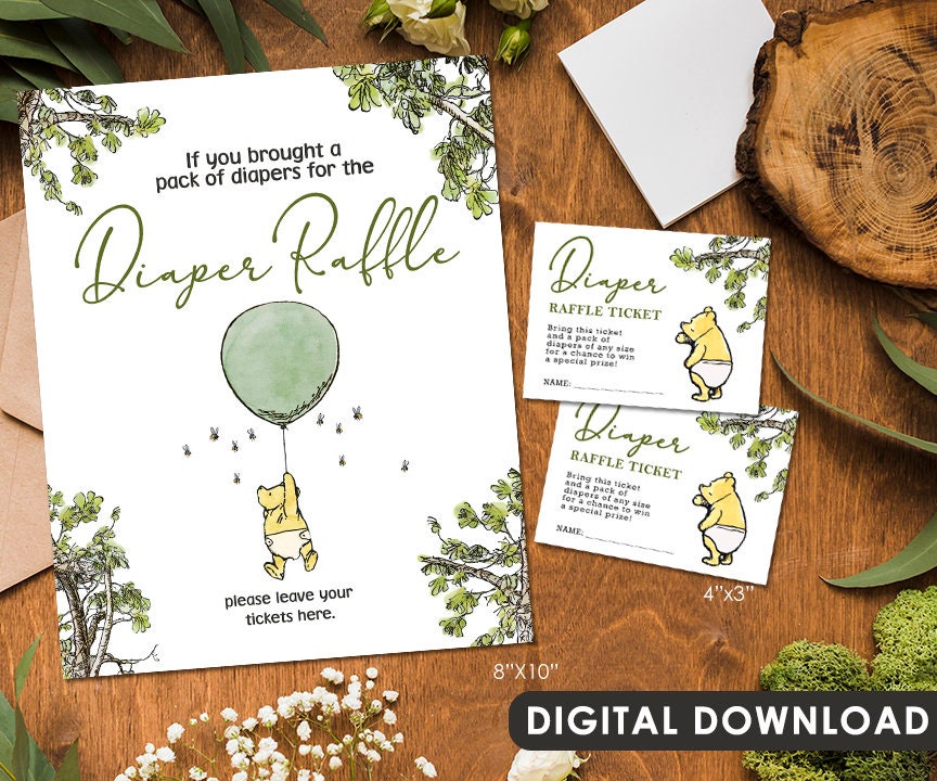 Winnie the Pooh Baby Shower - Diaper Raffle Drop Off and Diaper Raffle Ticket Insert Card - spikes.digitalshop