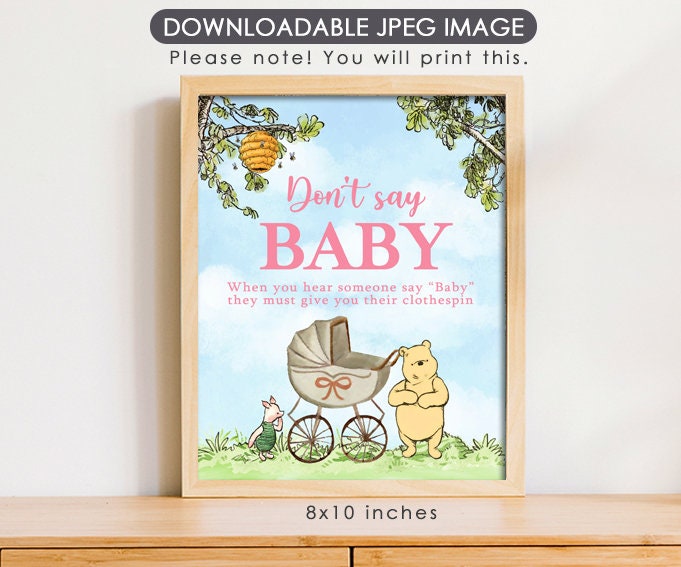 Don't Say Baby Clothespin Game Sign - Downloadable Classic Winnie the Pooh Baby Shower Sign
