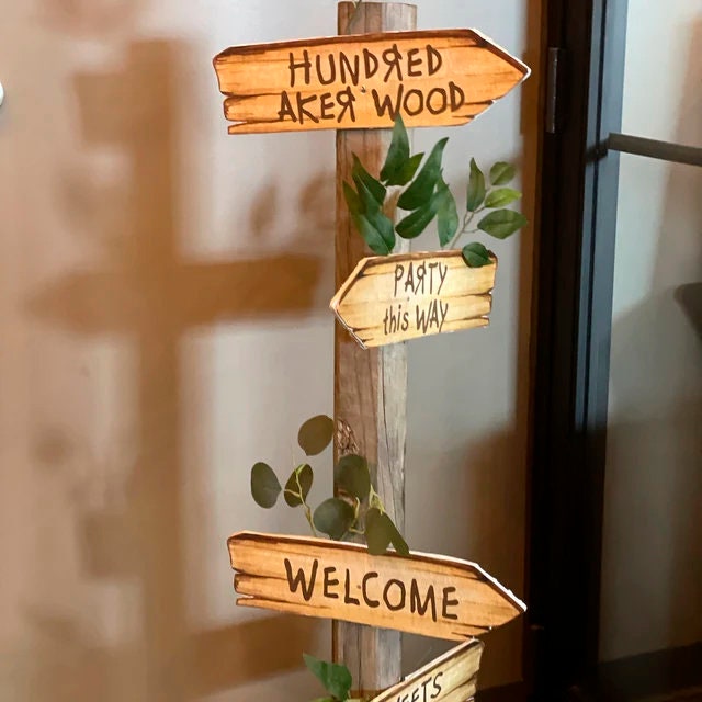 Four (4) Digital Direction Arrow Signs 10x3 inches - Classic Winnie The Pooh/ Welcome Hundred 100 Acre Wood - spikes.digitalshop