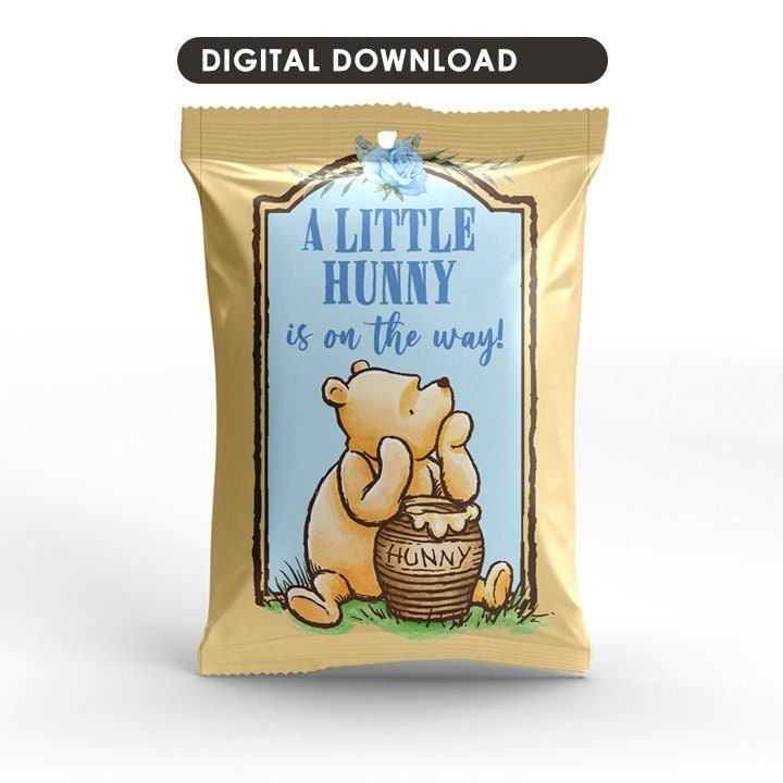 Classic Winnie The Pooh Printable Chip Bag Label Tag / Boy Blue Yellow/ Baby Shower Favor / Digital Instant Download