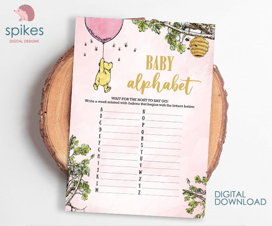 Blush Pink/ Classic Winnie The Pooh Baby Shower Games/ Baby Alphabet / Instant Download / 5x7 inches