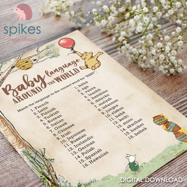 Classic Winnie The Pooh Baby Shower Games - Baby Language Around The World - Instant Download