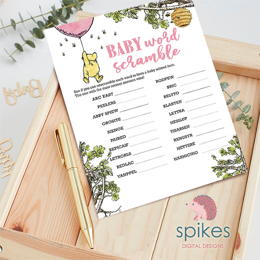 Classic Winnie The Pooh Baby Shower Games - Baby Word Scramble - Pink Balloon