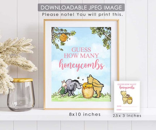 Guess How Many Honeycombs Table Sign with Answer Cards - Classic Winnie The Pooh Party Sign