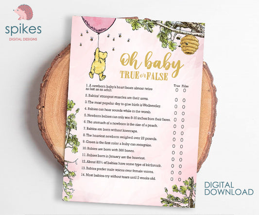 Blush Pink/ Classic Winnie The Pooh Baby Shower Games/ Oh Baby True or False / Instant Download / 5x7 inches