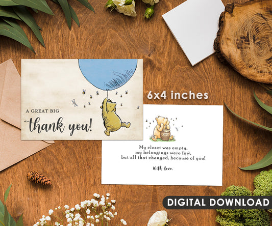 Downloadable 4"x6" Thank You Note Card / Classic Winnie The Pooh Party Baby Shower / Instant Digital Download