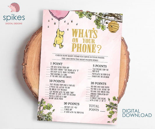 Blush Pink/ Classic Winnie The Pooh Baby Shower Games/ What's On Your Phone / Instant Download / 5x7 inches