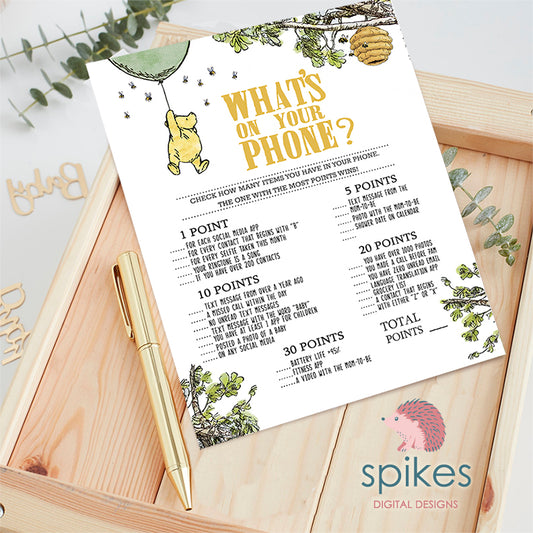 Classic Winnie The Pooh Baby Shower Games - What's On Your Phone - Gender neutral - Green Balloon