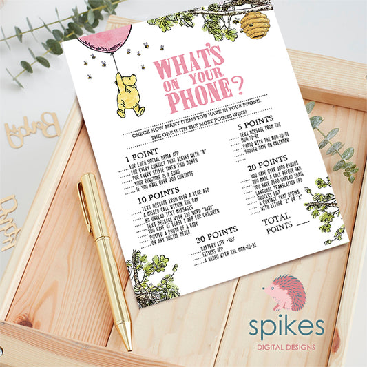 Classic Winnie The Pooh Baby Shower Games - What's On Your Phone - Pink Balloon