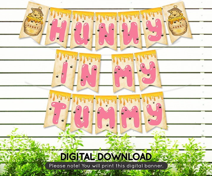 Hunny In My Tummy Baby Shower Banner Garland/ Instant Download / Non-Editable PDF/ Classic Winnie The Pooh Pennant Decoration
