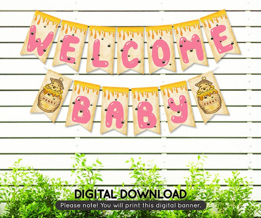Classic Winnie The Pooh Welcome Baby Banner Garland/ Pink Baby Shower for Girl / Instant Download / Non-Editable PDF/