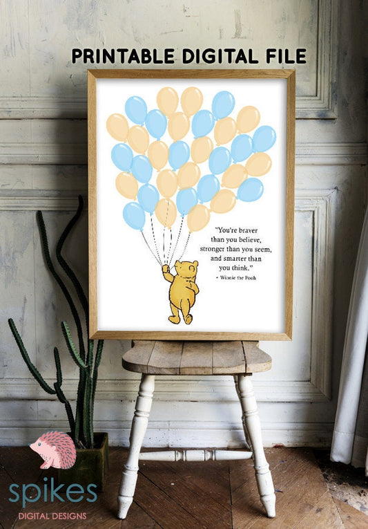 Classic Winnie The Pooh Guestbook with 32 Balloons/ Blue and Yellow/Printable Digital Instant Download/Two Sizes 16x20 and 11x14/Sign Poster