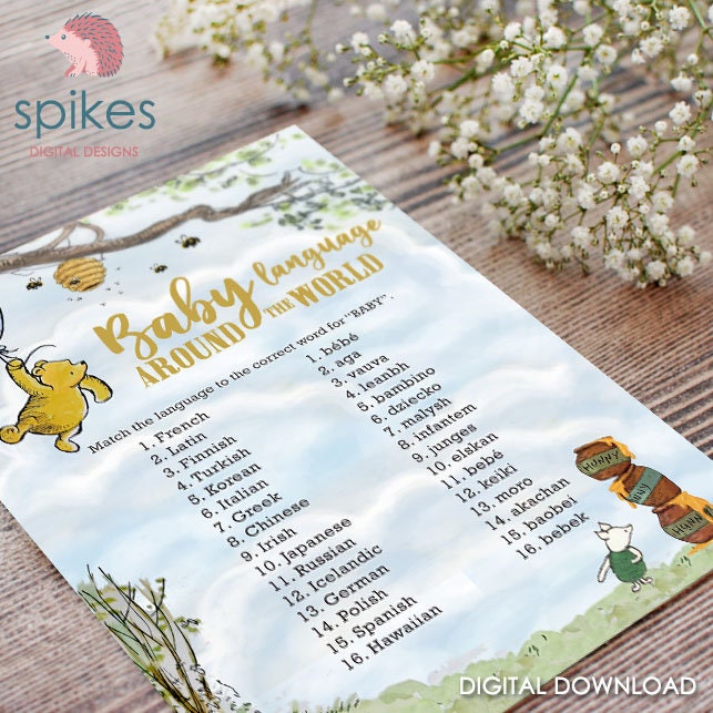 Classic Winnie The Pooh Baby Shower Games - Baby Language Around The World - Instant Download
