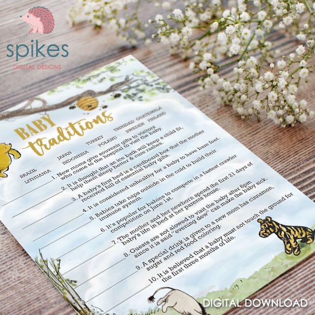 Classic Winnie The Pooh Baby Shower Games - Baby Traditions Around The World - Instant Download