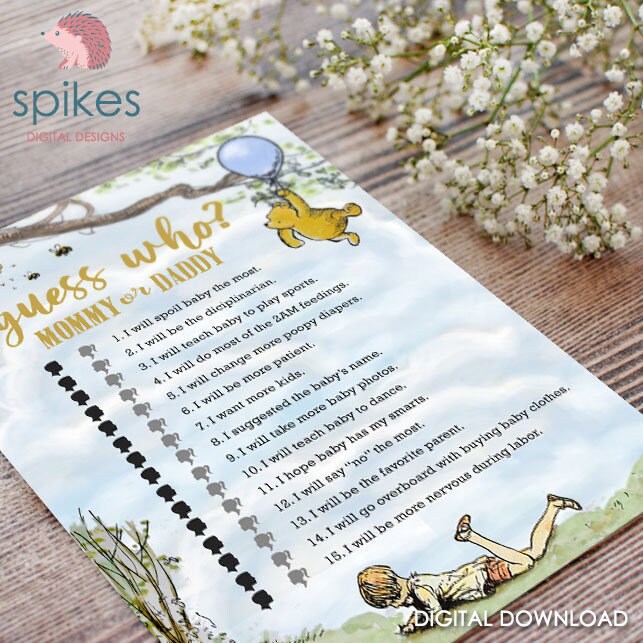 Classic Winnie The Pooh Baby Shower Games - Guess Who Mommy Or Daddy - Instant Download - spikes.digitalshop