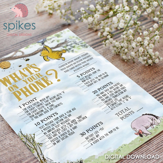 Classic Winnie The Pooh Baby Shower Games - What's On Your Phone - Instant Download