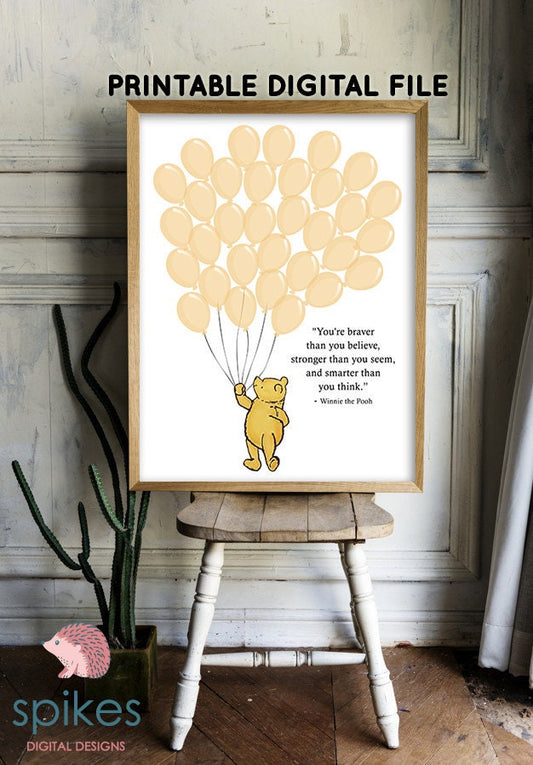 Classic Winnie The Pooh Guestbook with 32 Balloons / Yellow / Printable Digital Instant Download/ Two Sizes 16x20 and 11x14