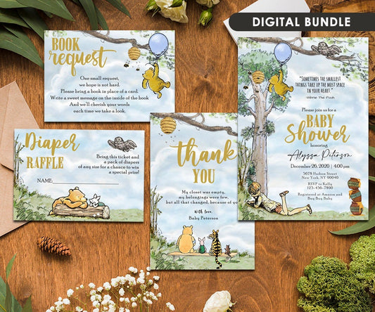 Classic Winnie The Pooh Baby Shower Invitation, Thank You Card, Diaper Raffle, Book Request Insert /Personalized For You/Digital Bundle Pack