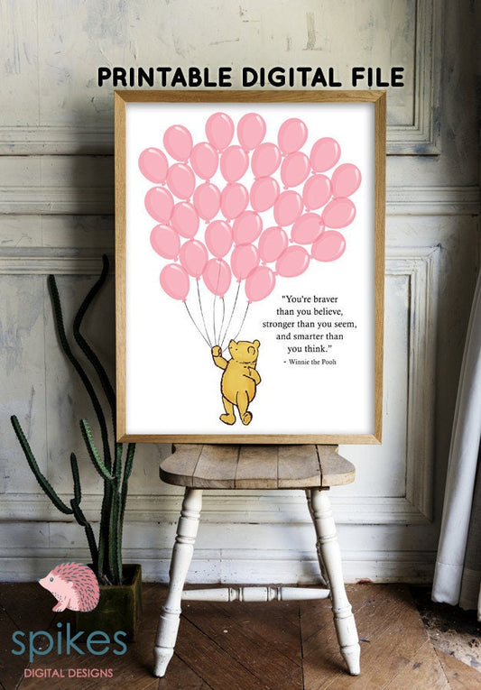 Classic Winnie The Pooh Guestbook with 32 Balloons / Pink Girl / Printable Digital / Instant Download/ Two Sizes 16x20 and 11x14