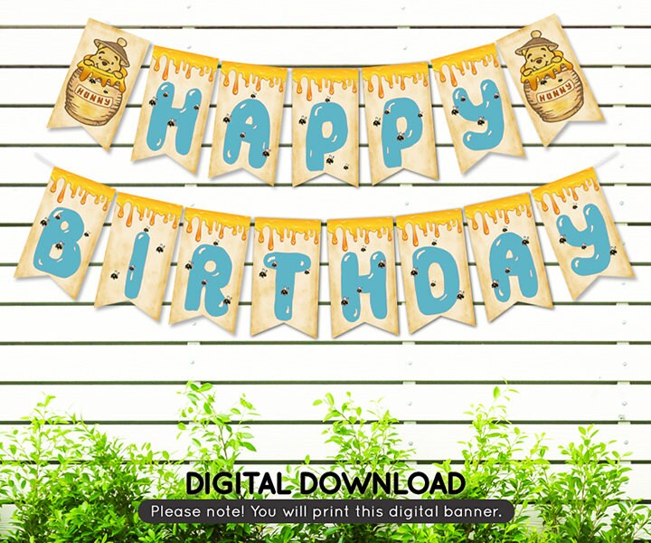 Classic Winnie The Pooh Happy Birthday Banner Garland / Instant Download / Non-Editable PDF/ Printable Party Decoration