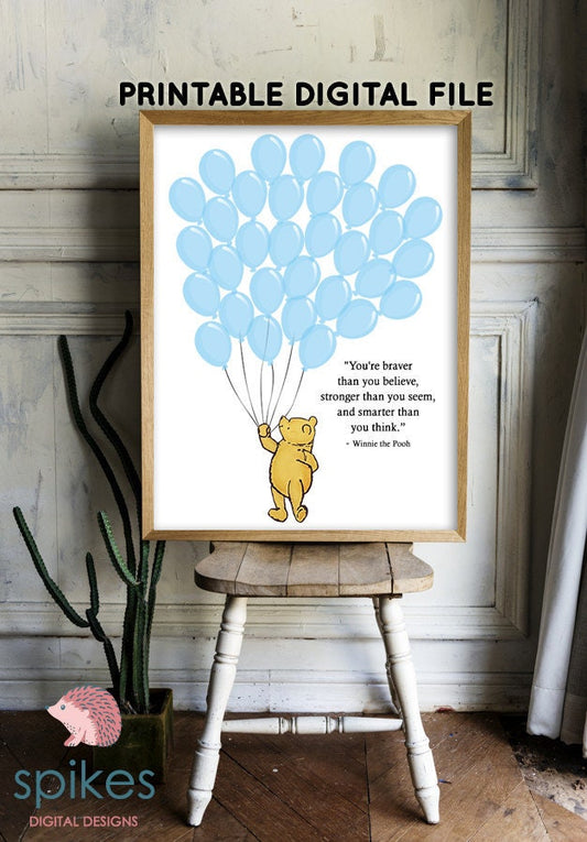 Classic Winnie The Pooh Guestbook with 32 Balloons / Blue Boy / Printable Digital Instant Download/ Two Sizes 16x20 and 11x14/ Poster Sign