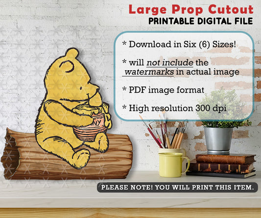 Classic Winnie The Pooh Eating Honey on Tree Log / Printable Large Cutout Prop / Yard Sign Stand Up Standee Decoration / Download Die Cut