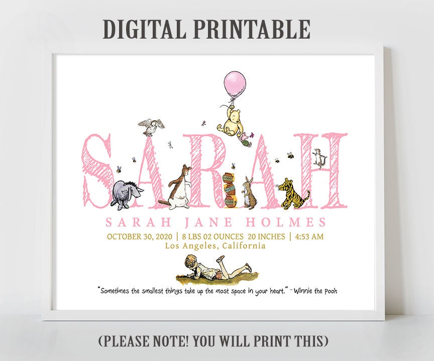 Personalised Digital Birth Announcement - Classic Winnie The Pooh, name, nursery decor, children's bedroom, wall art, baby gift, birth stats
