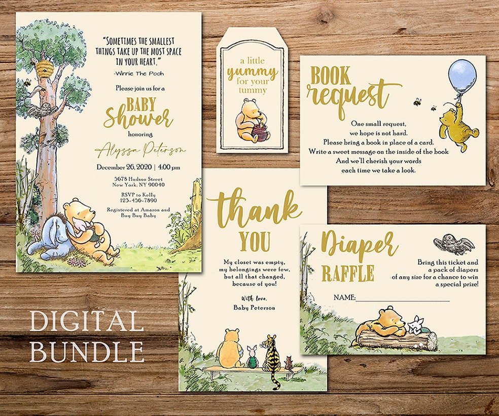 Classic Winnie The Pooh Invitation Card, Thank You Card, Diaper Raffle, Book Request Insert /Personalized/Digital Bundle Pack - spikes.digitalshop