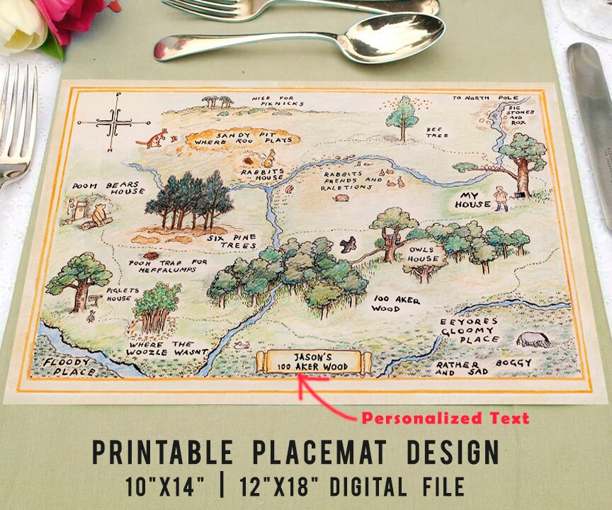 Printable Placemat 100 Aker Wood Map 12"x18" or 10"x14" Cutout /Personalized/PDF Format /Classic Winnie The Pooh Party Table Decoration Centerpiece - spikes.digitalshop