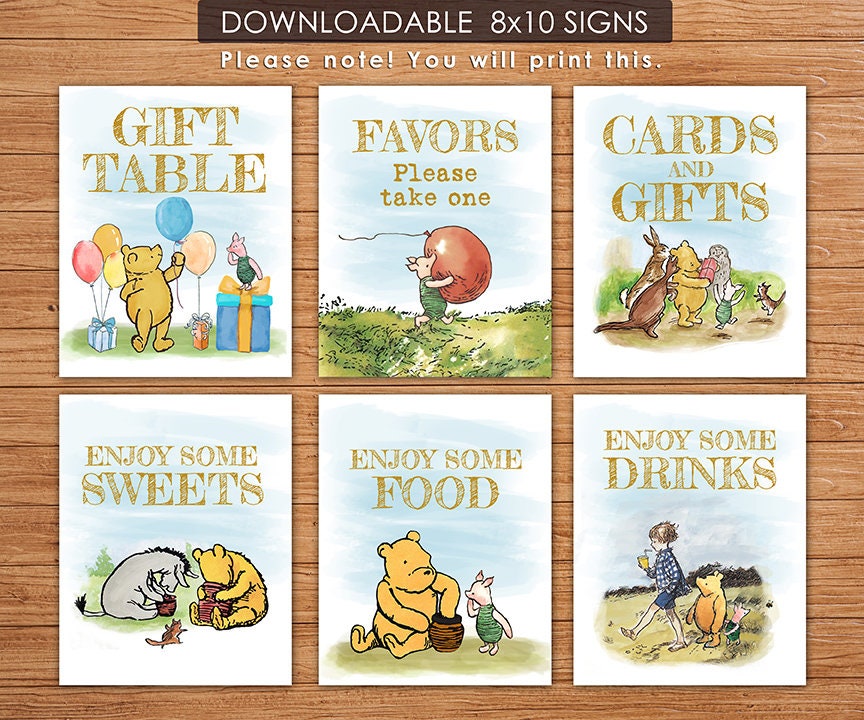 Classic Winnie The Pooh Table Signs Bundle Pack for Birthday or Baby Shower Party - spikes.digitalshop