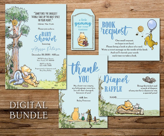Classic Winnie The Pooh Invitation Card, Thank You Card, Diaper Raffle, Book Request Insert /Personalized/Bundle Pack/ Party Set Package