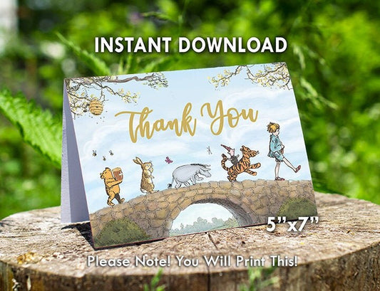 Digital Downloadable 5"x7" Thank You Note Card / Classic Winnie The Pooh Party / for Birthday Baby Shower/ Instant Download
