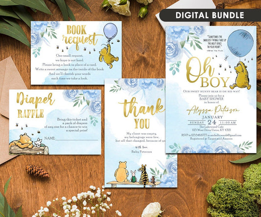 Blue Floral Classic Winnie The Pooh Baby Shower Invitation, Thank You Card, Diaper Raffle, Book Request Insert /Personalized/Bundle Pack