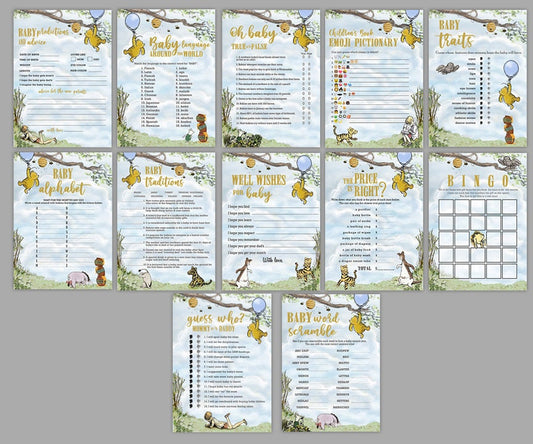 12 Games Bundle Classic Winnie The Pooh Baby Shower Games Bundle Pack / Instant Download / 5x7 inches - spikes.digitalshop
