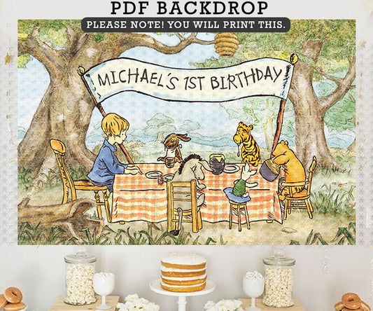Classic Winnie The Pooh Birthday Party Backdrop /Personalized/ PDF Format / Digital Printable Only / Background Decoration/ Tea Party