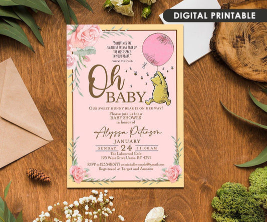 Classic Winnie The Pooh Baby Shower Invitation Card / Pink Girl Floral / Personalized / Digital Only