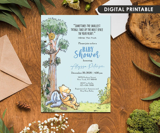 Classic Winnie The Pooh Baby Shower Invitation Card / Pooh and Piglet / Personalized / Digital Only