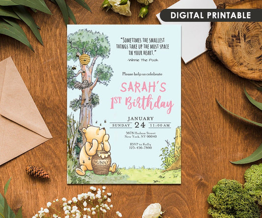 Classic Winnie The Pooh Birthday Invitation Card for Girl / Pooh and Hunny Jar / Personalized / Digital Only