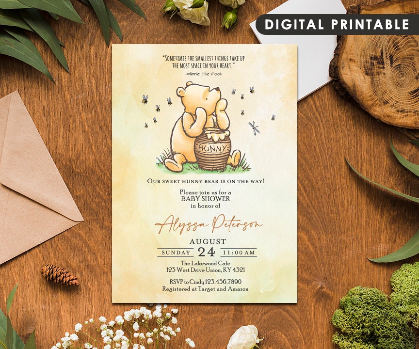 Classic Winnie The Pooh Baby Shower Invitation Card for Gender Neutral / Pooh and Hunny Jar / Personalized / Digital Only - spikes.digitalshop