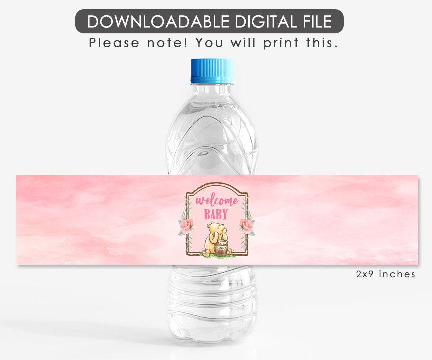Printable Water Bottle Label Tag / Classic Winnie The Pooh Baby Shower Girl Pink /Download in Seconds!/Instant Download