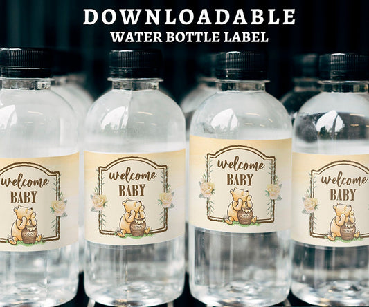 Printable Water Bottle Label Tag / Classic Winnie The Pooh Baby Shower Yellow Gender Neutral /Download in Seconds!/Instant Download - spikes.digitalshop