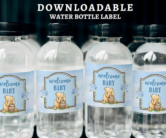 Printable Water Bottle Label Tag / Classic Winnie The Pooh Baby Shower Boy Blue /Download in Seconds!/Instant Download