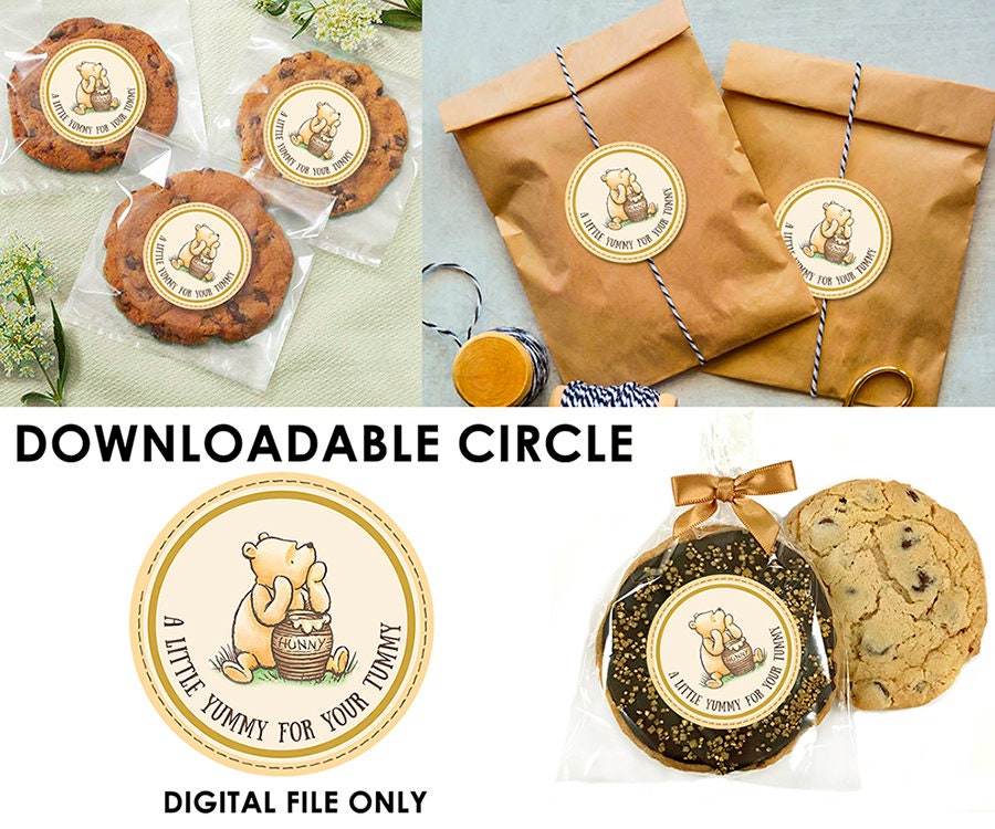 A Little Yummy for Your Tummy Circle Tag Sticker Cookie Food Favor Label / Classic Winnie The Pooh / Baby Shower Birthday / Instant Download