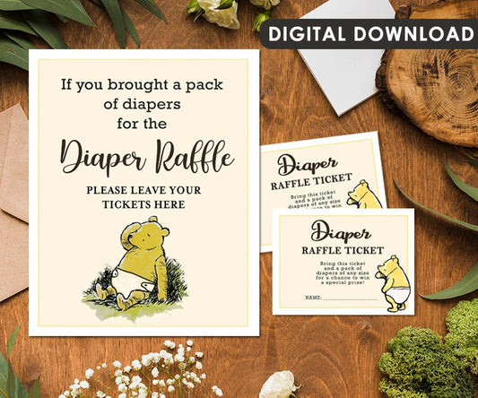 Winnie The Pooh Baby Shower - Diaper Raffle Drop Off and Diaper Raffle Ticket Insert Card