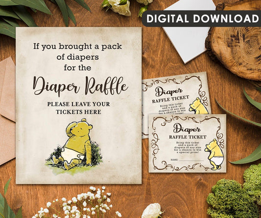 Diaper Raffle Drop Off and Diaper Raffle Ticket Insert Card - Winnie the Pooh Downloadable Digital File - spikes.digitalshop